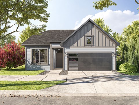a home with a gray and white exterior